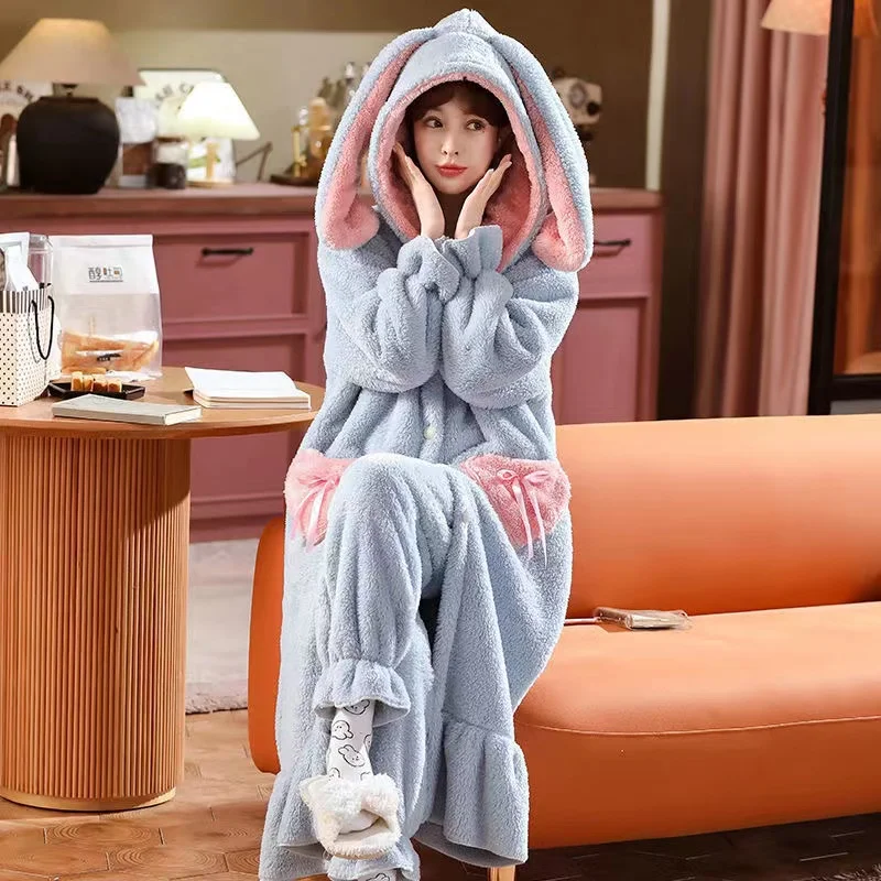 Flannel Pajamas Set 2PCS Warm Winter Women Robes Suits Sleepwear Thick Coral Fleece Hooded Plus Size Homewear Loose Pyjamas
