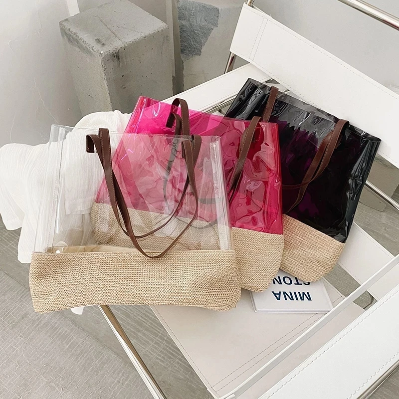 

2022 Large Weave Handbags Transparent Shopper Bag Fashion Clear Straw Beach Shoulder Bags Designer Pvc Jelly Tote Bags for Women