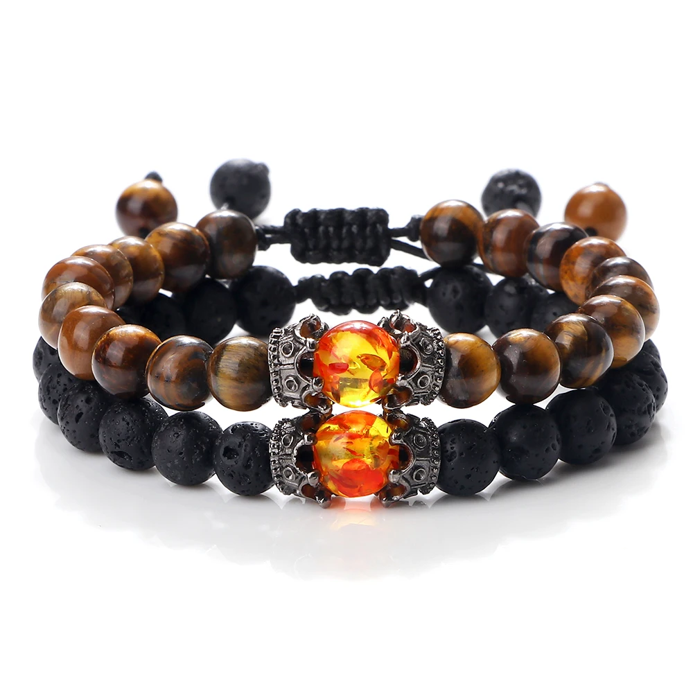 

2pcs Natural Tiger Eye Stone Crown Black Lava Beaded Bracelets Couples Distance Adjustable Bangles Charm Men Women Yoga Jewelry