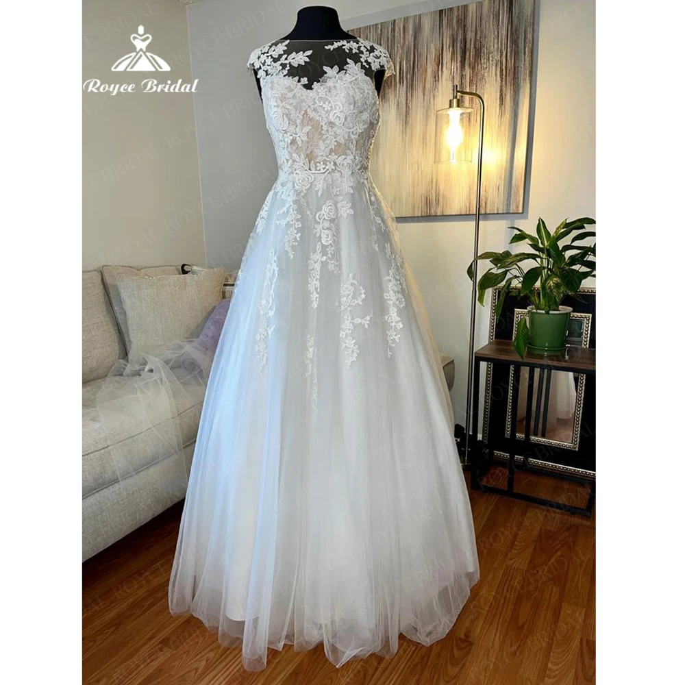 

Roycebridal Applique Lace Modern Tulle Wedding Dress Crew A Line Gown Sleeeve Brush Train Dress Women Bridal robe de mariée