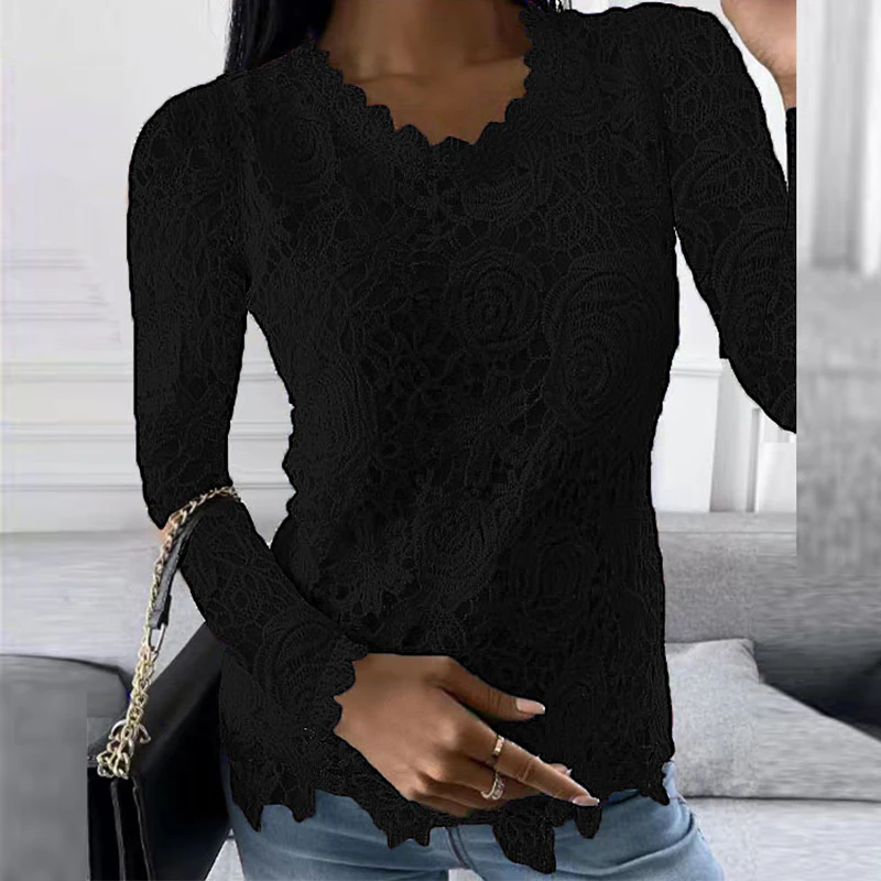 2022 Women's Elegant Shirt Autumn Fashion Lady's Lace Jacquard Long Sleeves Casual Women Vintage Loose O-Neck Blouses |
