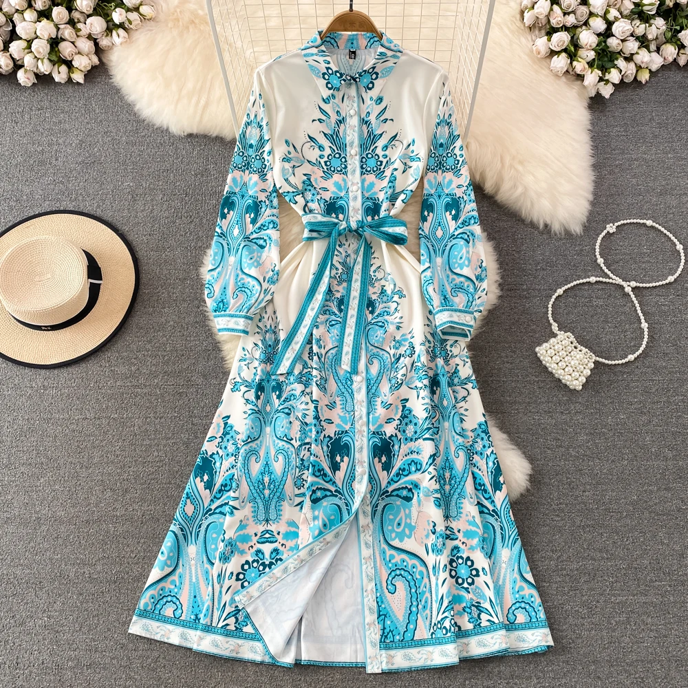 

Spring Autumn Elegant Indie Folk Maxi Dresses for Women Boho Button Lapel Printed Long Sleeve Female Robe Beach Vacation New In