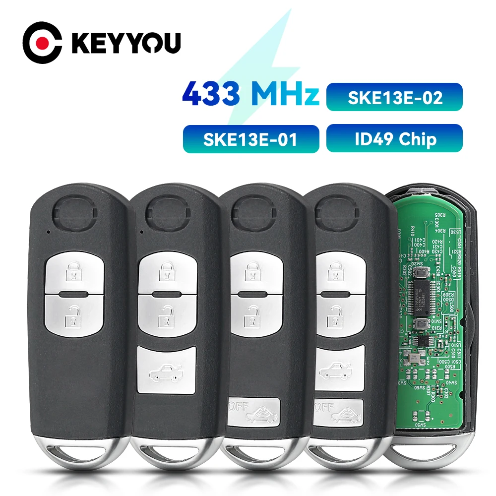 

KEYYOU Smart Remote Car Key Fob 2/3/4 Buttons 433MHz with 49 Chip for Mazda 6 3 MX-5 CX-3 CX-5 CX-7 SKE13E-01 / SKE13E-02