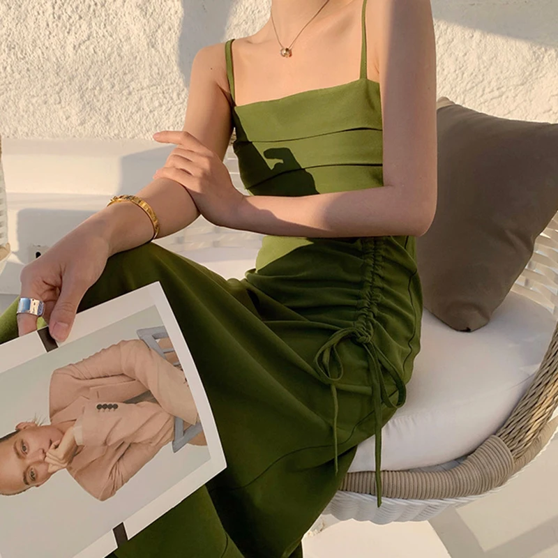 

Пикантное зеленое женское платье без бретелек с открытой спиной облегающие платья для женщин 2022 летнее корейское Модное Элегантное пляжно...