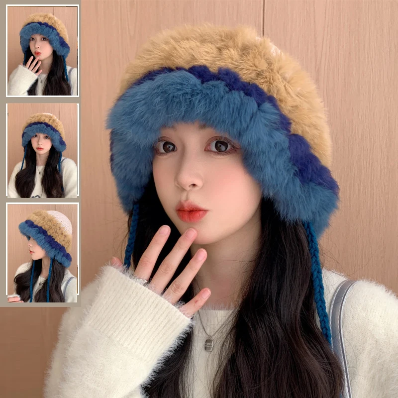 

winter Rabbit hair knitted hats for women，splicing warm woolen hat,sweet and lovely plush ear protection hat