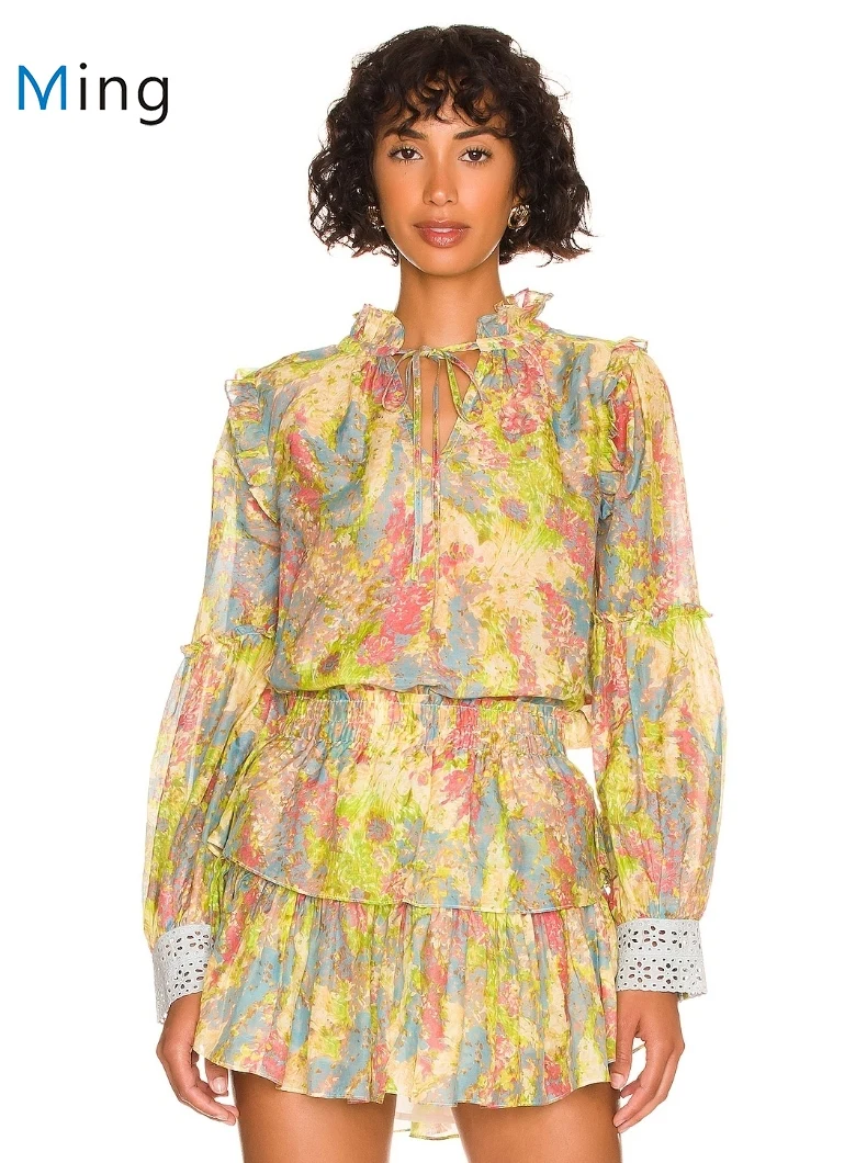 

Women Puff Long Sleeve Retro Flower Print Loose Silk Blouse Top+ Elastic Waist Multi-layer Ruffles Mini Skirts Set