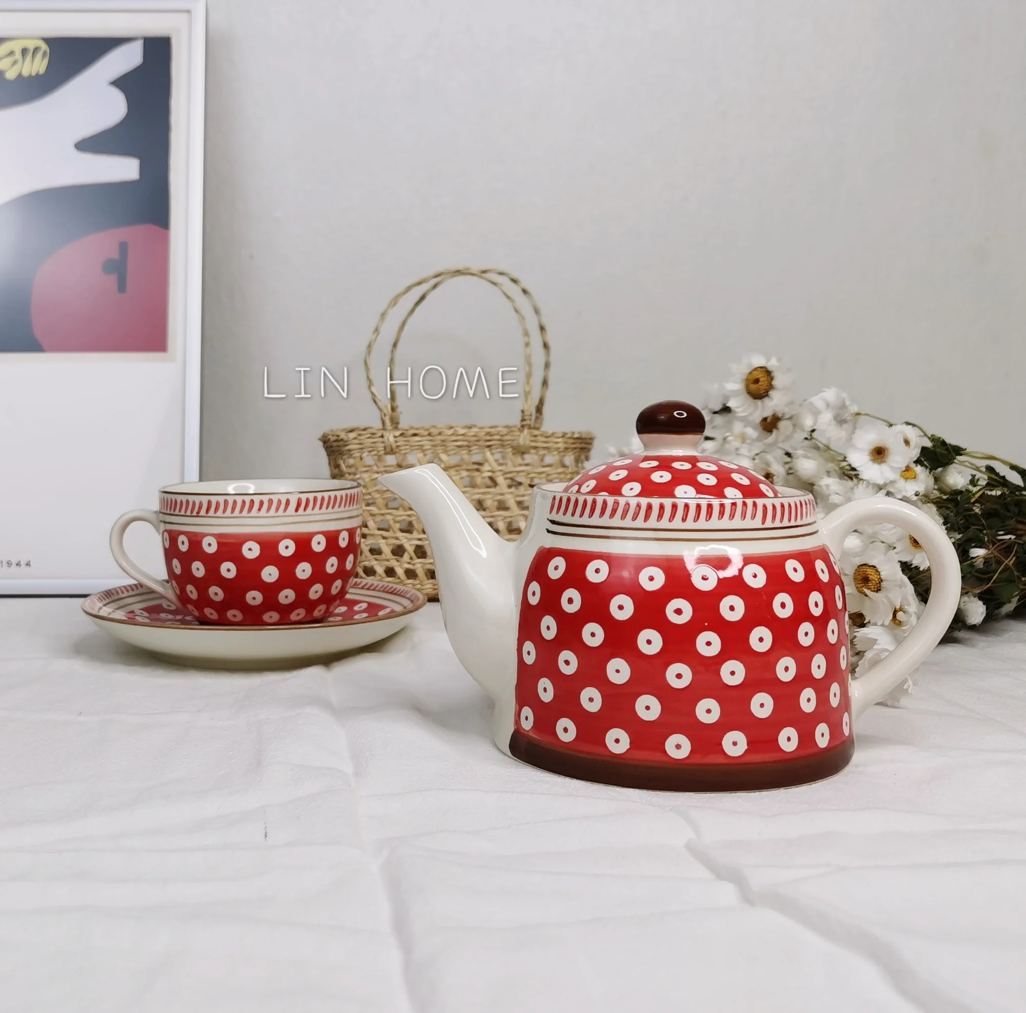 

French Simplicity Japanese and Korean Hand-Painted Ceramic Teapot Cute Girl Heart Afternoon Tea Coffee Set