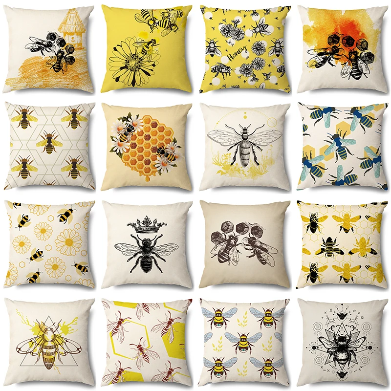 

45x45cm Vintage Bee Daisy Cotton Linen Pillowcase Animal Yellow Cushion Cover Sofa Home Decor Modenr Art Flower Pillow Cases