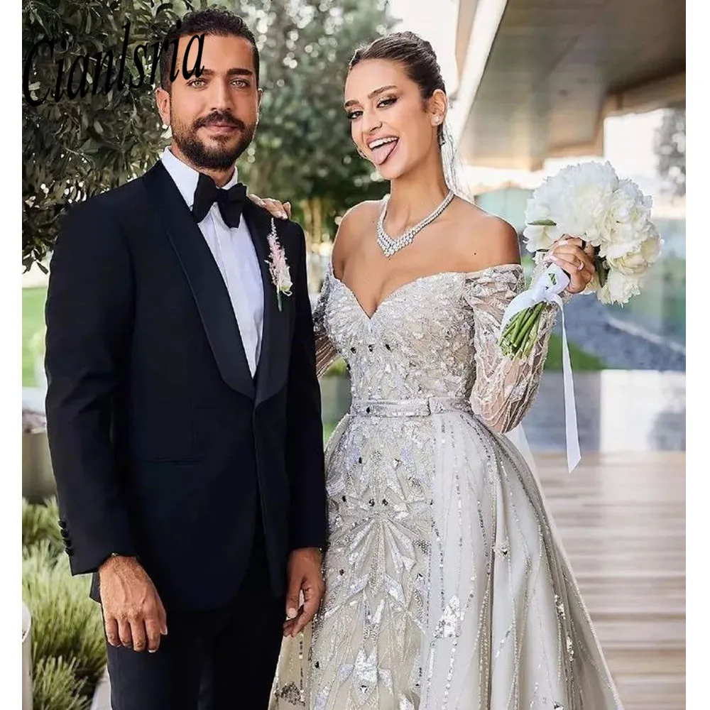 

Luxurious Off The Shoulder Dubai Mermaid Wedding Dress Detachable Train Long Sleeve Crystal Beading Saudi Arabic Bridal Gown