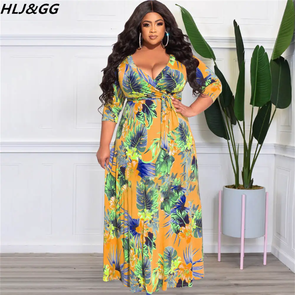 HLJ&GG Women Plus Size Maxi Dresses Sexy Deep V Floral Printed Long Sleeve Belt Dresses Casual A-line Slim Vestidos Clothes 2022