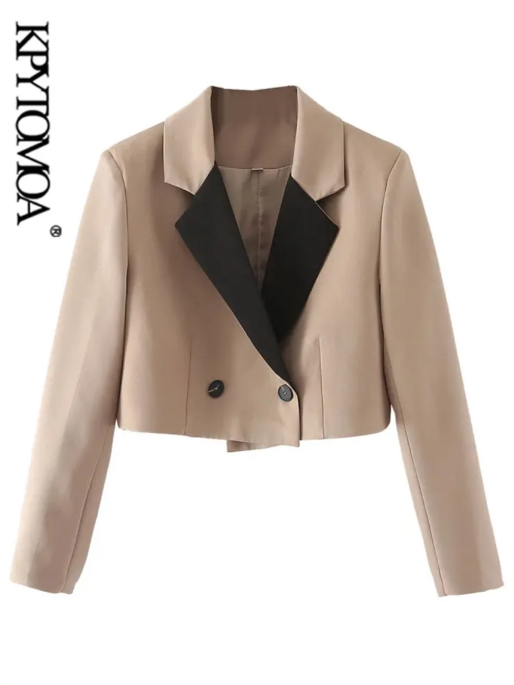 

KPYTOMOA Women Fashion Patchwork Cropped Blazer Coat Vintage Long Sleeve With Buttons Female Outerwear Chic Veste Femme