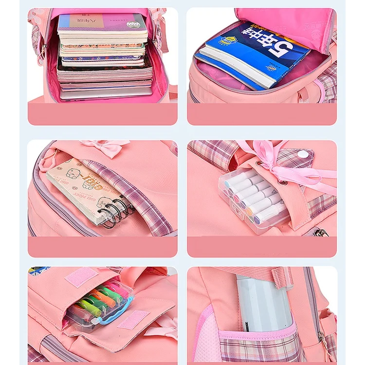 Grade 1-6-9 Primary Secondary School Students Leisure Lattice Backpacks New Girl Bow Bear Simple Silk Ribbon Bags All-match Hot