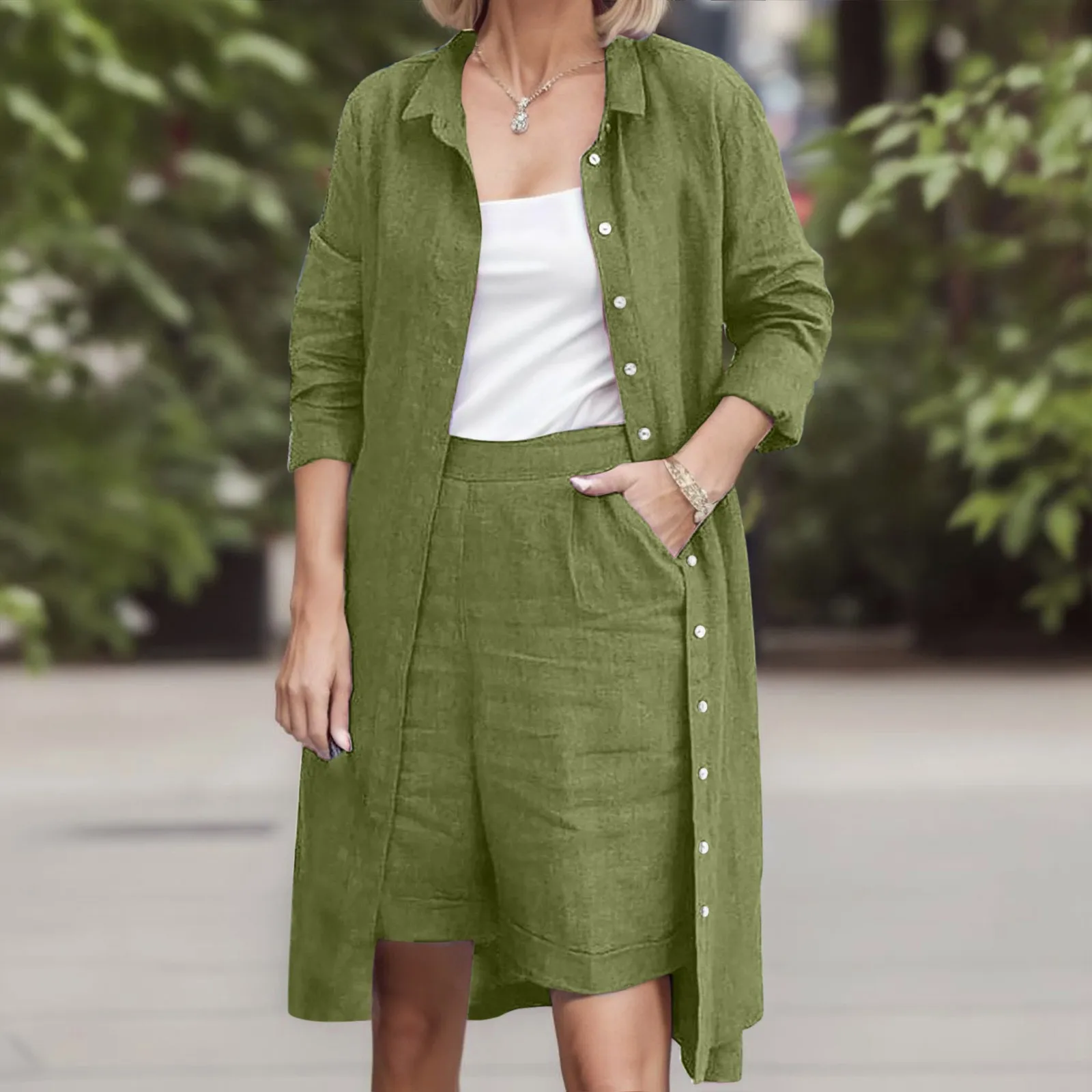 

2023 Summer Women's Two Piece Casual Long Sleeve Short Sets Fashion Button Outfits Suit Solid Pleated Two Piece Set For Women