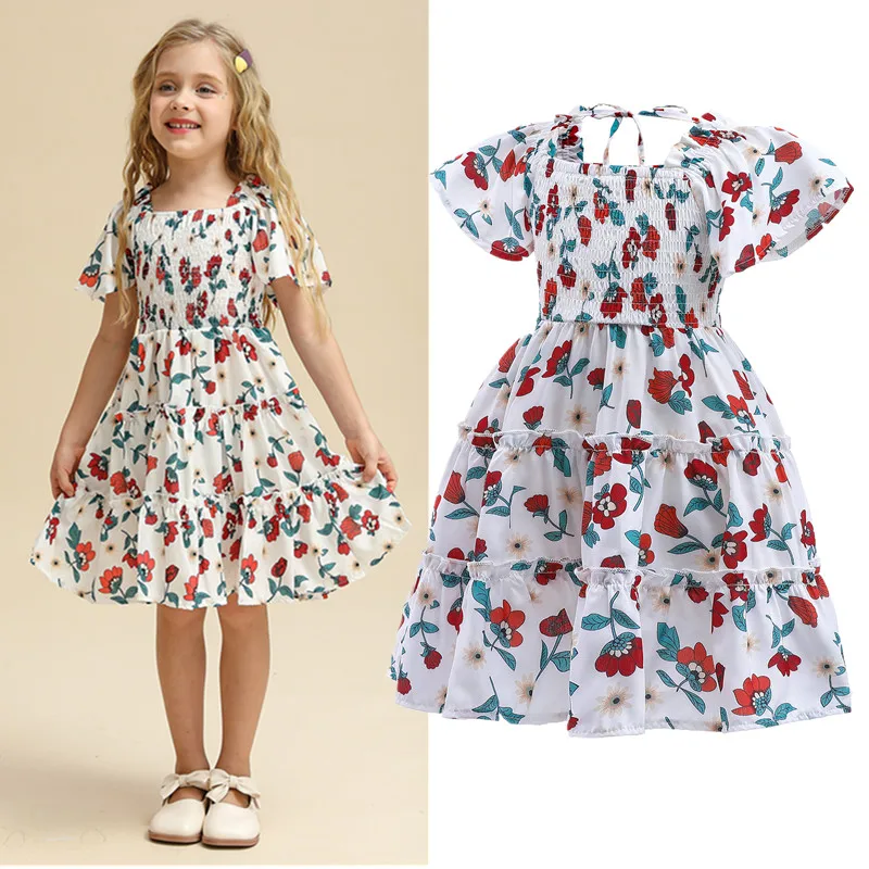 

2022 New Fashion Floral Smocked Dresses For Girls Summer Holiday Short Sleeve Clothes For 3-8 Years Children Kids Party Costume