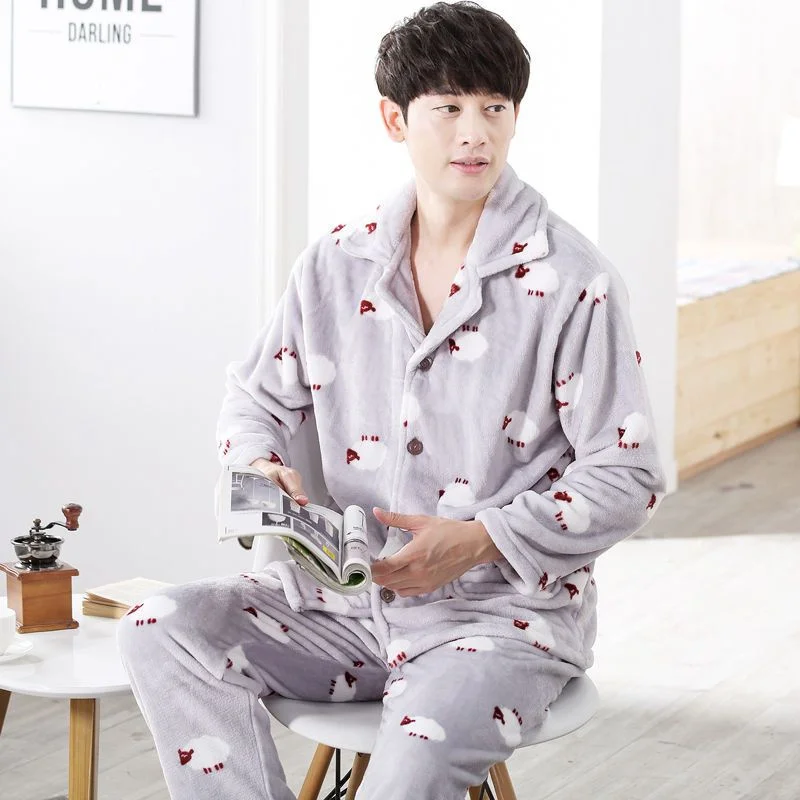 Winter Thick Homewear Men's Flannel Pajamas Sexy Sleepwear Set Man Stripe Soft Pajama Set Button Full Sleeve Shirt Pant 2PCS/Set