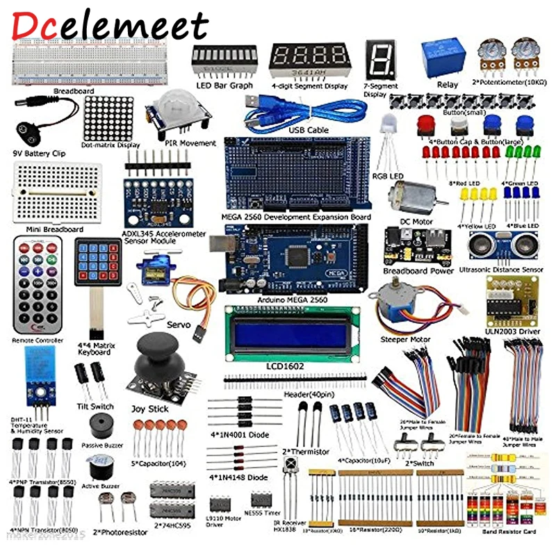 Electronic Projects Starter Kit for Arduino with Mega2560 LCD1602 Servo Stepper Motor Sensors Breadboard Jumper Wire Resistor