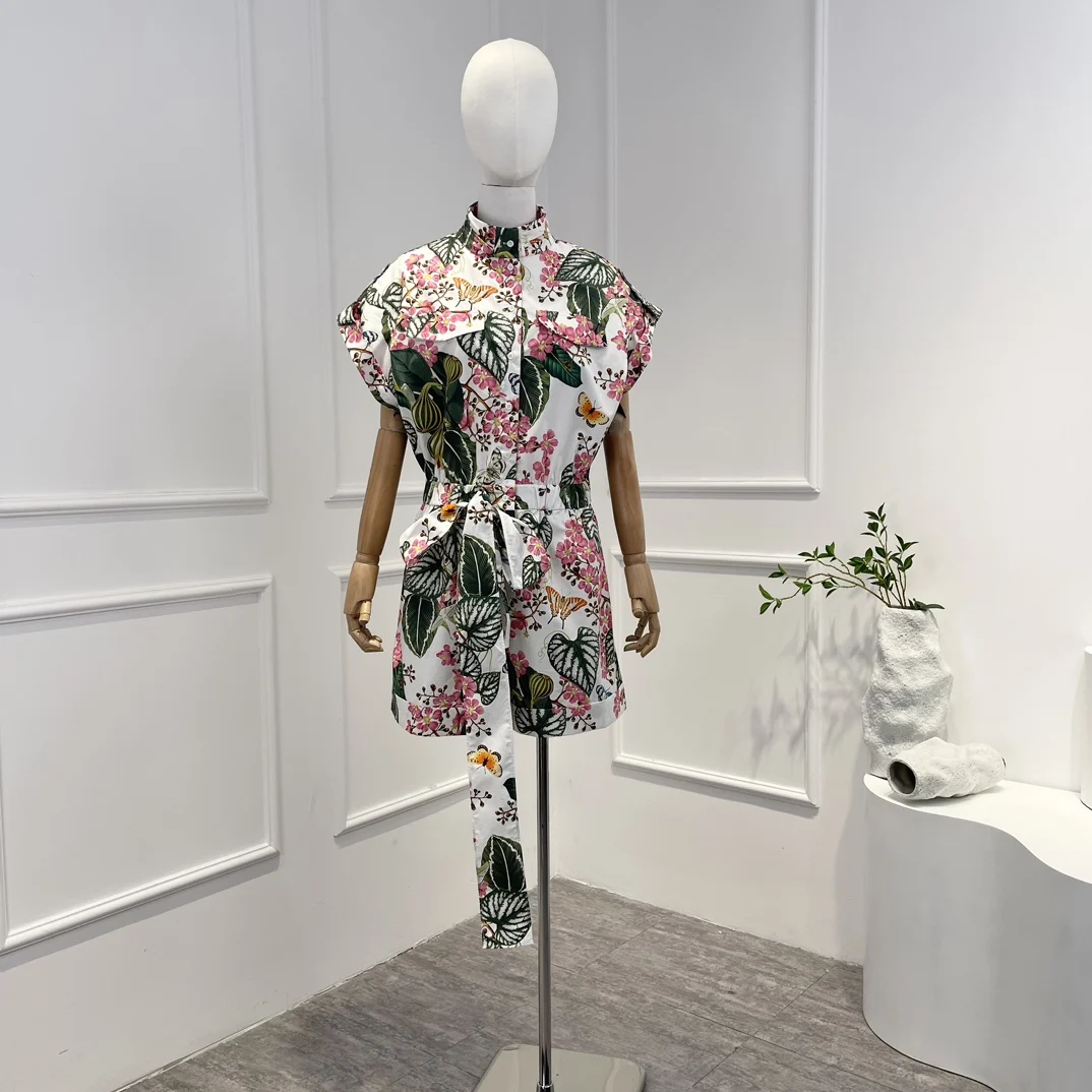 New  2023 Top Quality Spring SummerNatural Cotton Fabric Floral Print Short Sleeve Playsuit Fashion Women