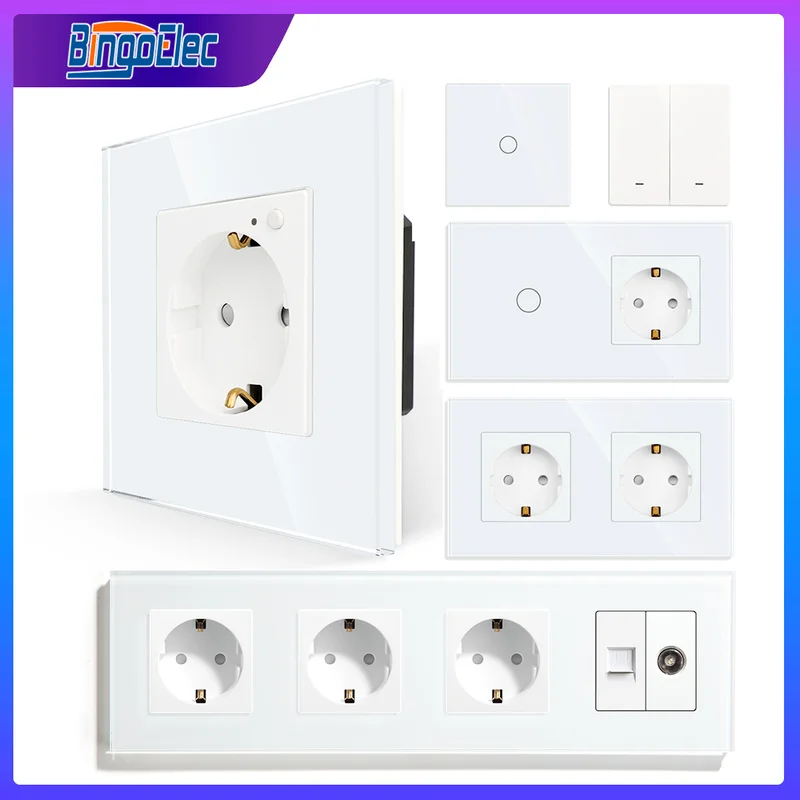 

Bingoelec White Wall Sockets and SwitchesTV RJ45 Internet and USB Outlet Touch Switch with Glass Panel Wifi Socket Smart Switch