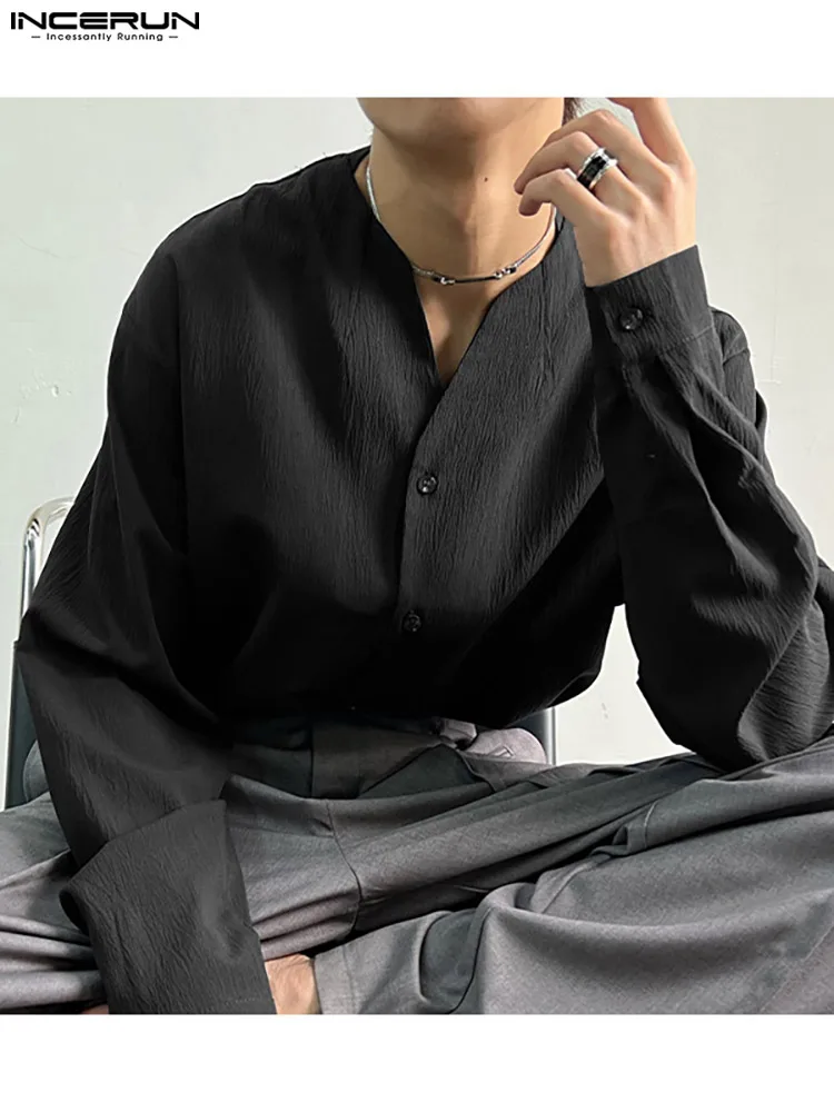 Korean Style New Men's Wrinkled Textured V-neck Blouse Casual Streetwear Male Long-sleeved Button Shirts S-5XL INCERUN Tops 2022