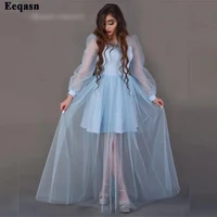 eeqasn simple sky blue satin tulle prom dresses long sleeves formal evening gowns custom made short long women prom party gowns