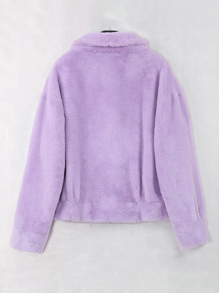 Nerazzurri Spring Purple Blue Short Light Soft Faux Fur Coat Women Long Sleeve Pockets Fall Korean Fashion 2022 Fluffy Jacket