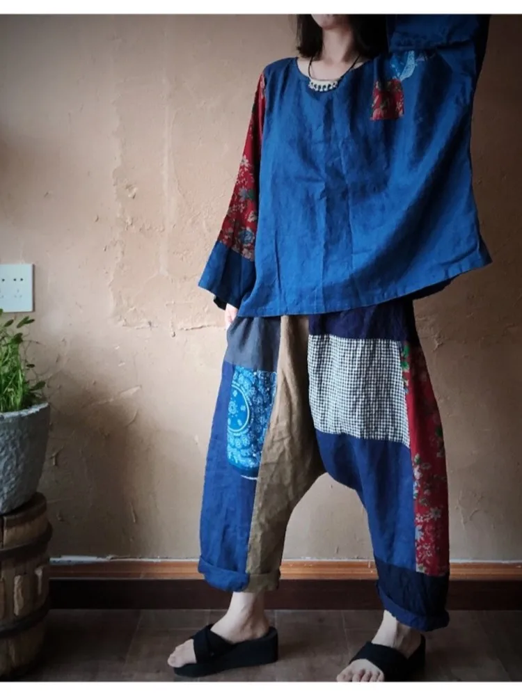 Брюки-султанки женские хлопково-льняные в стиле пэчворк свободные винтажные