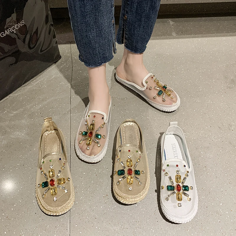 

Женские кроссовки на платформе Стразы розы без шнуровки 2022 красочные сетчатые блестки сланцы тканевые римские базовые плоские резиновые Т...