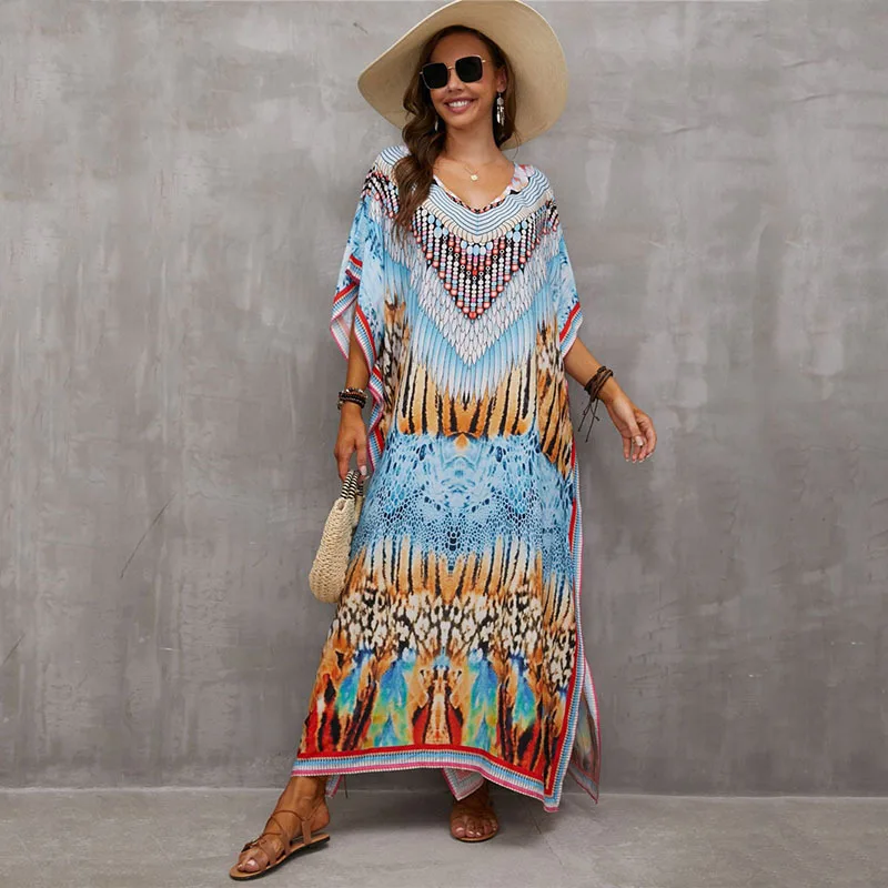 

10 Styles Boho Printed Long Kaftan Women Summer Clothes Sexy Short Sleeve Maxi Dress Beach Wear Swim Suit Bikini Cover Up
