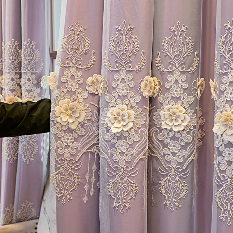 

American Embossed Flower Embroidery Double Layer Blackout Curtains For Living Room Bedroom Exquisite Embroidery Lace Yarn Custom