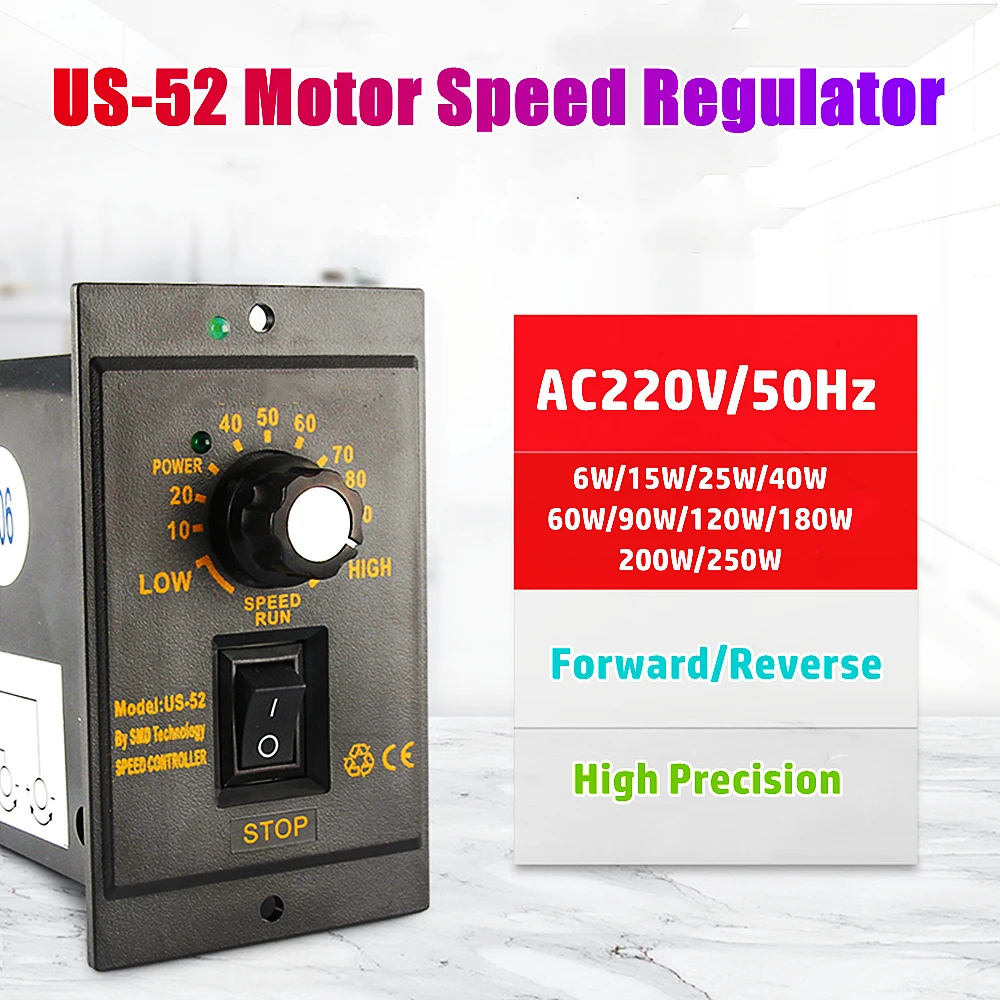 

US-52 Motor Speed Controller 6W~400W Pinpoint AC 220V 50Hz Motor Speed Regulator Forward Reverse Motor Speed Reduction Governor