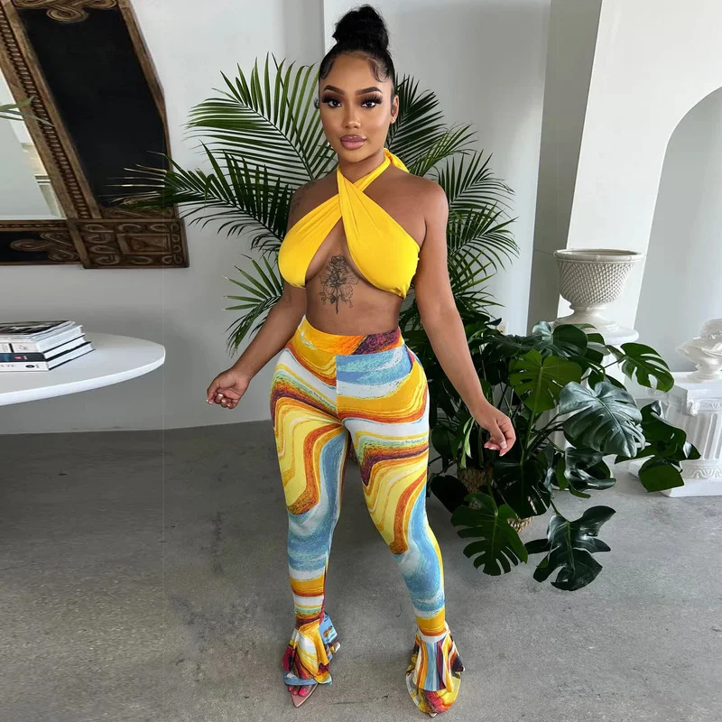 

WUHE Fashion Halter Neck Crop Top and Flare Pants Two-Piece Set Vintage Print Hollow Out Bandage Party Nightclub Women Outfits