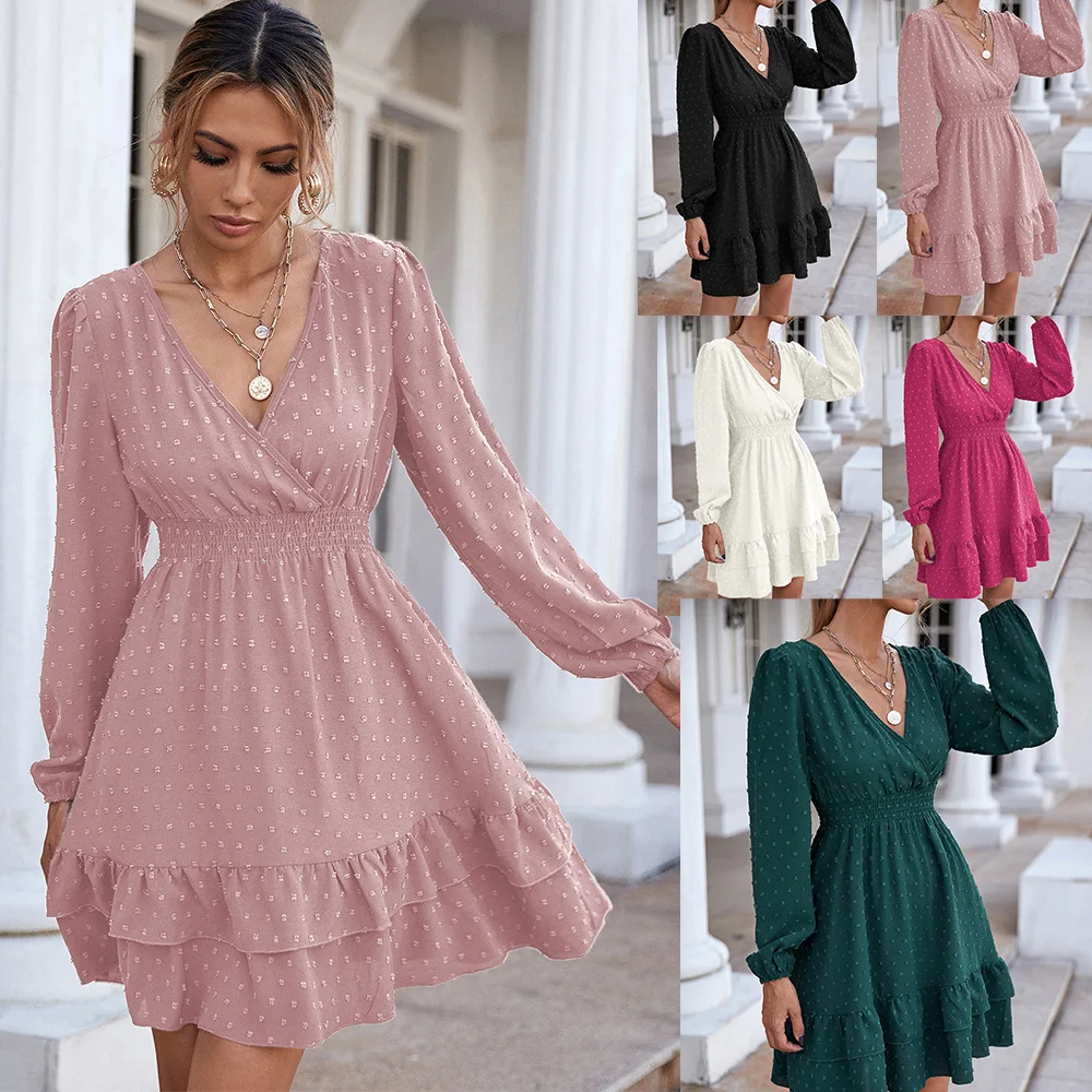 

Office Lady Ruffles Polka Dot Solid Dresses Spring Autumn 2022 Long Lantern Sleeve V-Neck Pullovers Tunic Dress Women's Clothing