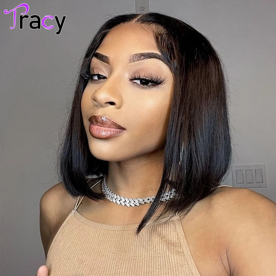 Tracy hair Short Bob Wig Straight Glueless Lace Front Human Hair Wigs For Women Pre cut Lace Closure Wig Wear Go Wigsu