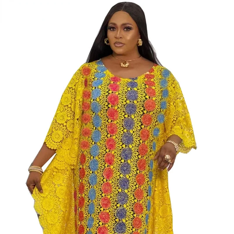 

African Dress Women With Head Tie Flare Sleeve Loose Boubou 2022 Embroidery Sexy Mesh Bazin Riche Traditional African Dress Robe