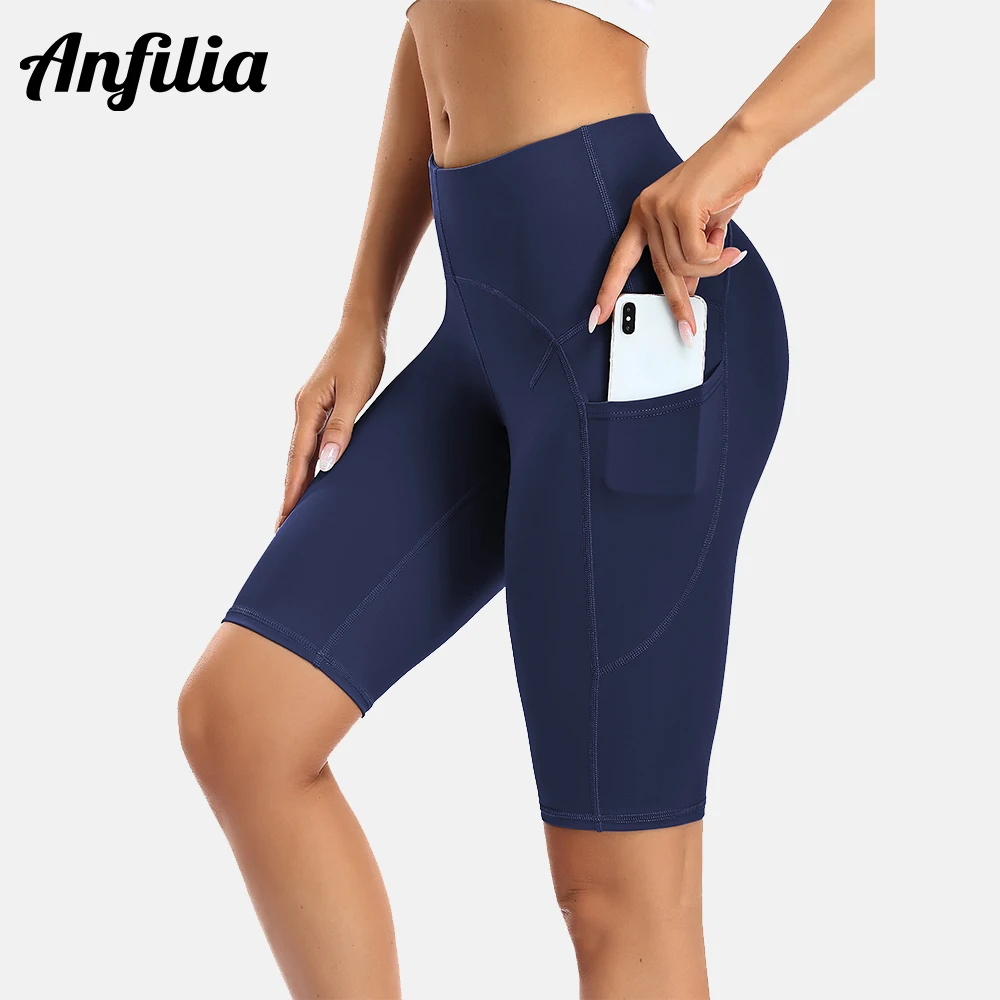 

Женские шорты Anfilia для йоги, бега, велоспорта, фитнеса, спортивная одежда с высокой талией и боковыми карманами, спортивные шорты, однотонные