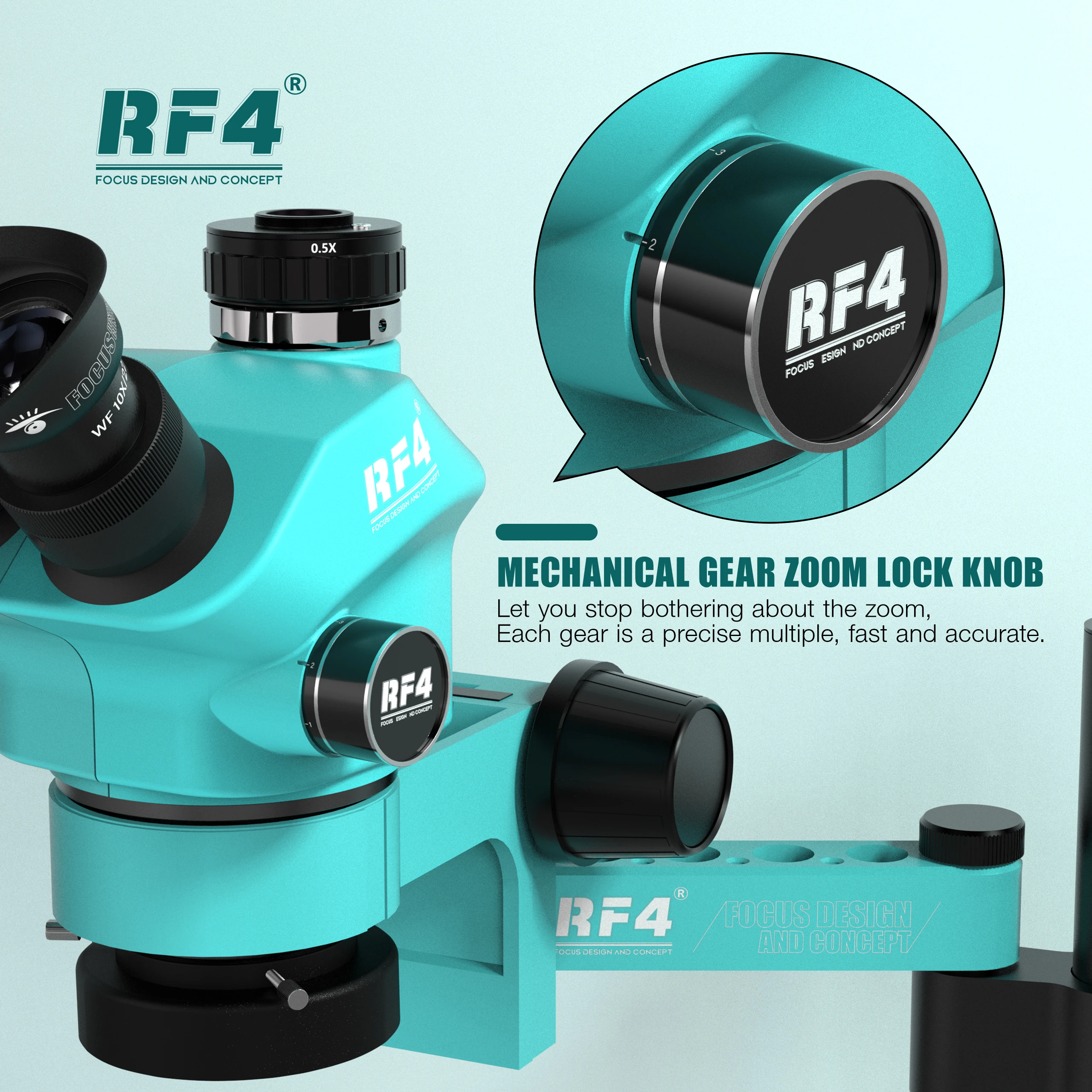 Фото RF47050PRO-FO19 Многофункциональный силиконовый встроенный металлический микроскоп, ремонт мобильных телефонов, триокулярный стереомикроскоп с 6 зумами №5