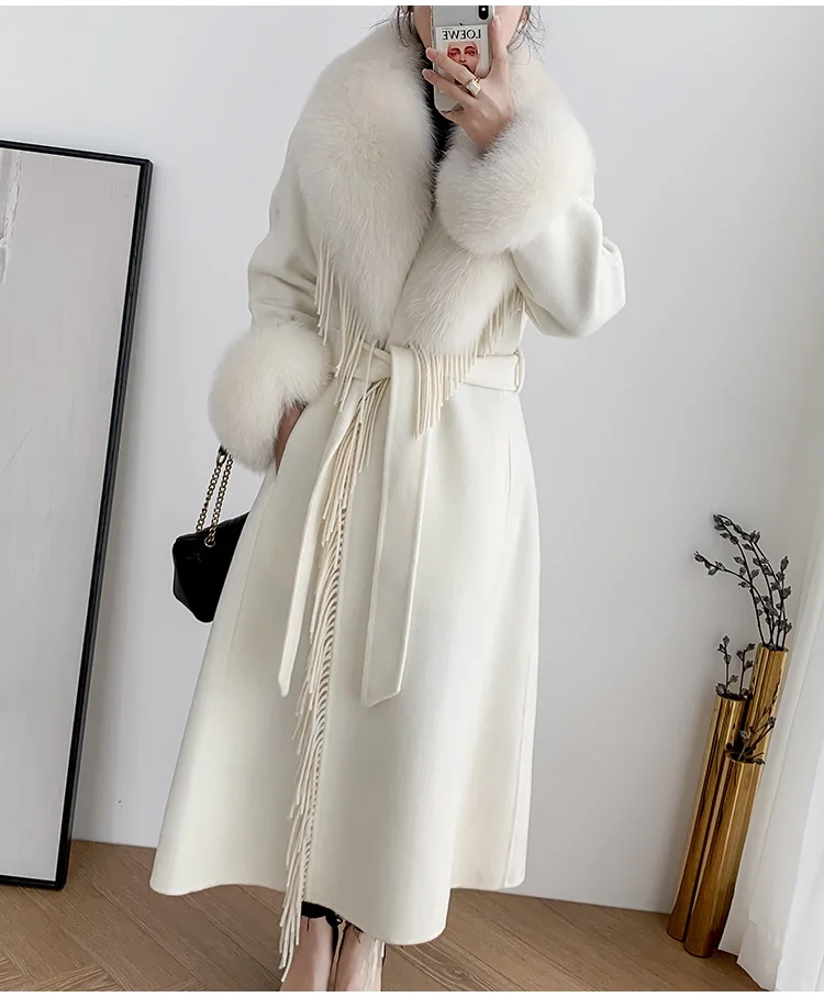 Winter Women Real Fur Coat Long Tassel Cashmere Wool Blends Jacket Female Trench Coats Belt Fox Fur Collar Hooded Streetwear enlarge