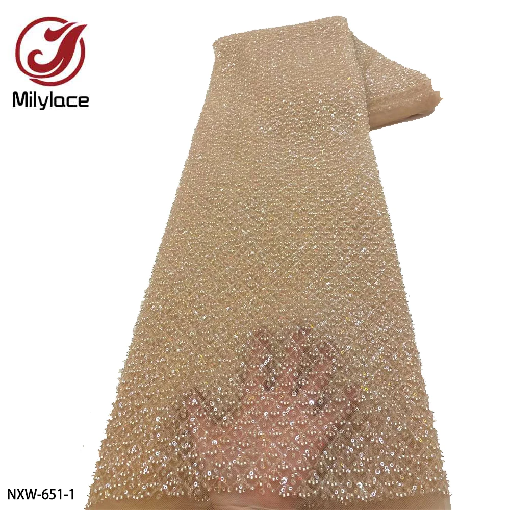 

High Quality African French Tulle Sequins Luxury Heavy Handmade Beaded Lace Fabric for DIY Wedding Dress NXW-651