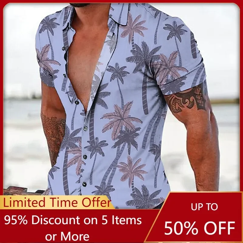 

Мужская Летняя гавайская рубашка с принтом кокосового дерева, Повседневная рубашка с отложным воротником и короткими рукавами, одежда с принтом на пуговицах