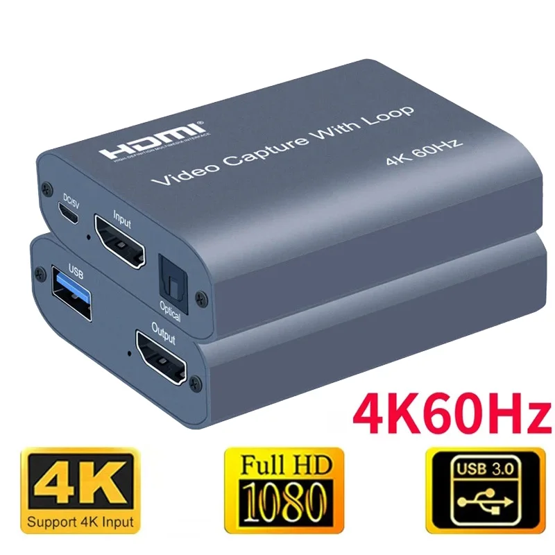 

Плата видеозахвата HDMI 4K 60 Гц, оптическая плата с оптическим аудиовыходом, коробка для записи игр 1080P 60 кадров в секунду, USB 3,0, потоковая плата ...