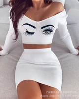 women two piece suit casual sexy white eyes long sleeve dress set 2022 summer new bodycon sexy mini dresses