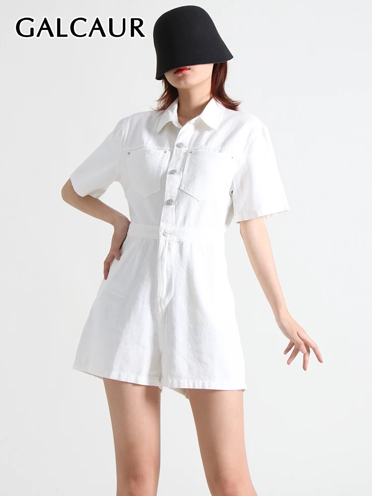 

GALCAUR Summer Playsuits For Women Lapel Short Sleeve High Waist Solid Minimalist Patchwork Pockets Playsuit Female Clothing New