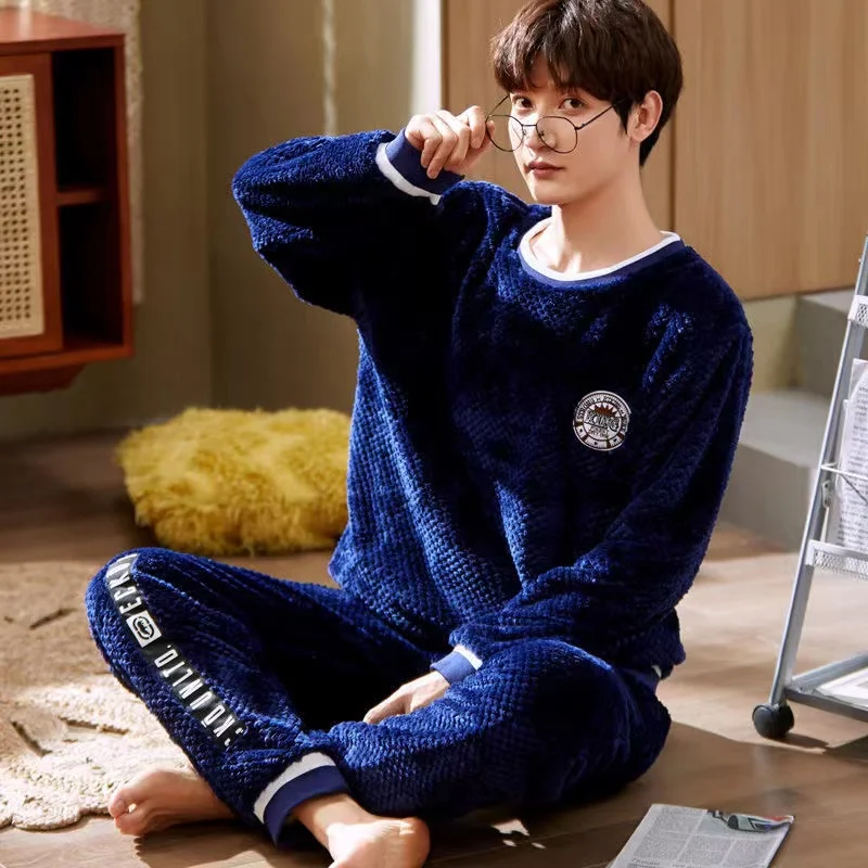Men's Pajama Sets Winter Thicken Warm Flannel Sleepwear Long Sleeve Trousers 2Pcs/Set Lounge Homewear Pyjamas Suit
