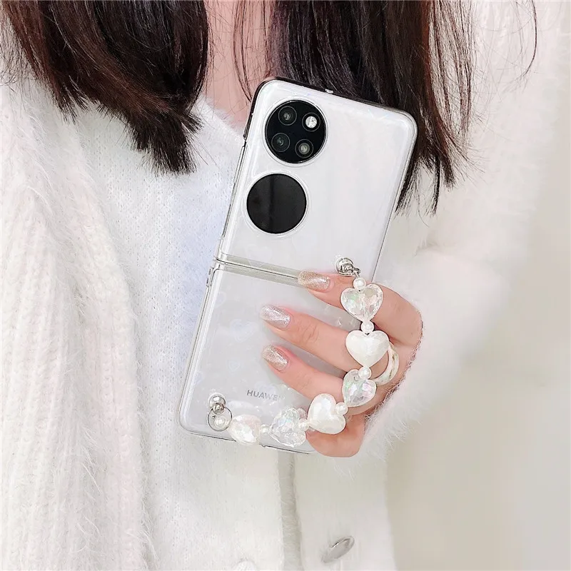 

Fashion Heart Card Bracelet Phone Cases For Huawei P50 Pocket Case Clear Crystal PC Plastic Hard Back Cover For Huawei P50Pocket