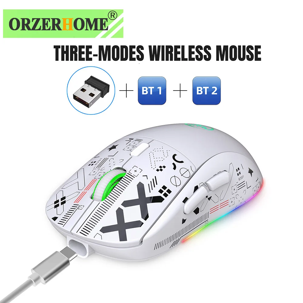 

ORZERHOME Rechargeable Wireless Mouse 3-Mode 2.4GHz Adjustable 3600dpi RGB Gamer Mouse with Type-C Cable for Laptop Silent Mice