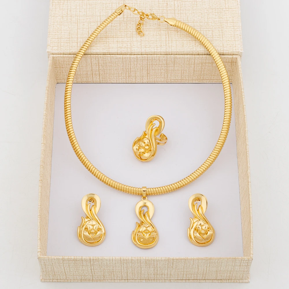 

Brazilian Gold Color Jewelry Set for Women Luxury Design 8 Shape Pendant Earrings with Ring Arab Bridal Dowry Exquisite Jewelry