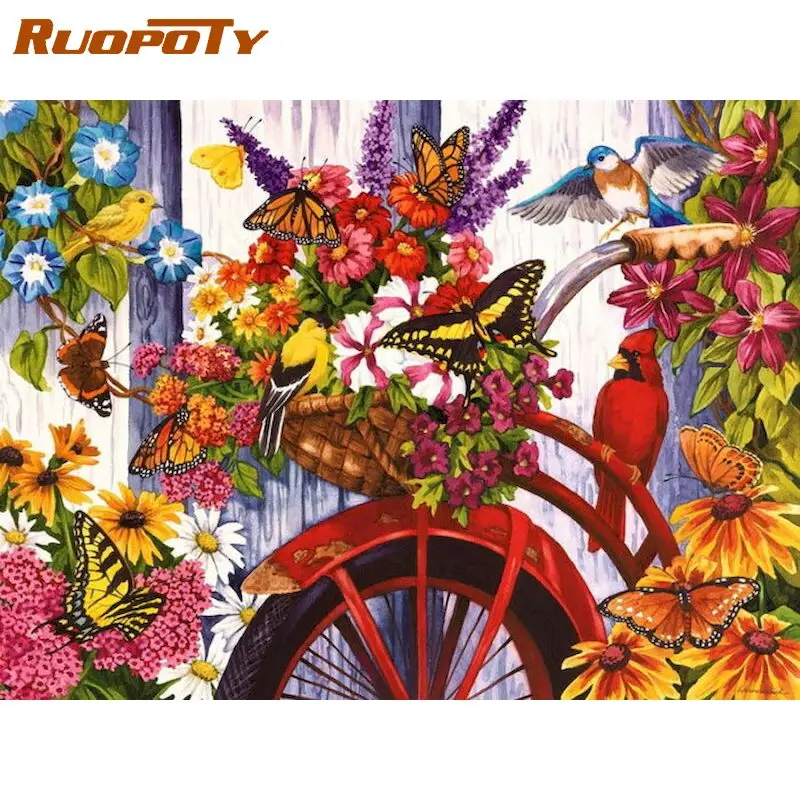 

RUOPOTY Painting By Number Bike Flower bird Kits For Adults Handpainted DIY Coloring By Number Animals Home Decoration Christmas