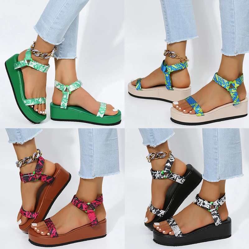 

2022 New Women's Leopard Print Gladiator Sandals Summer Ankle Strap Wedge Heel Tie Shoes Thick Sole Tenis Masculino Shoes