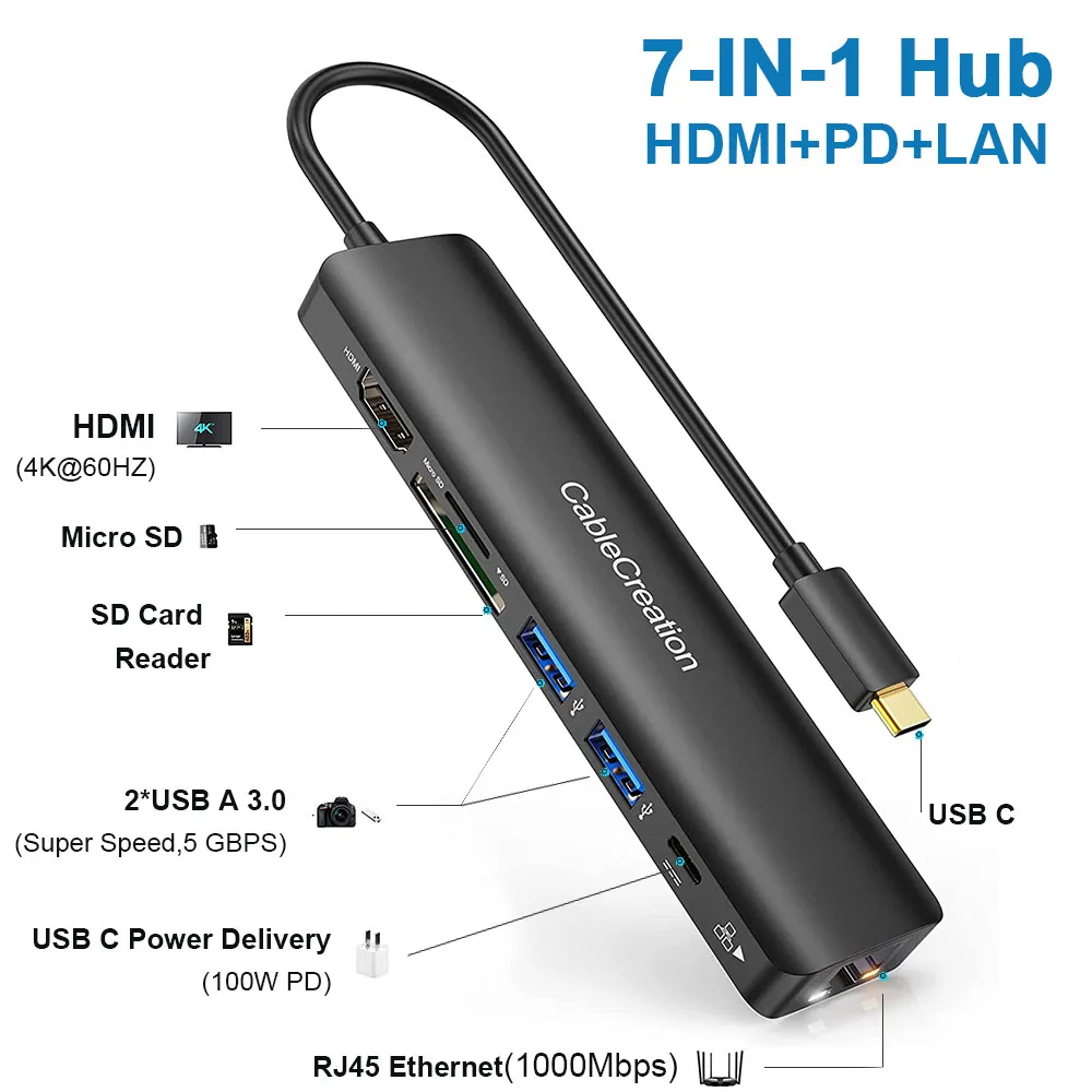 

USB C Hub 7-IN-1 Type C Adapter Dongle with HDMI 4K 60Hz USB3.0 100W PD Gigabit Ethernet SD/TF for MacBook Pro/ Air IPad Pro XPS