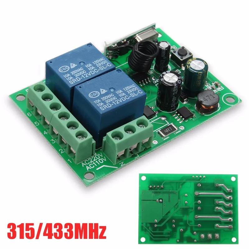 

DC 12V 220V 10A 315MHZ 433MHz 2 Channel Wireless Relay RF Remote Control Switch Heterodyne Receiver Smart Home Switch Module